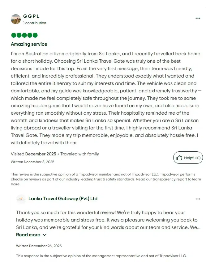 TripAdvisor review by Ggpl for Lanka Travel Gateway Sri Lanka tours